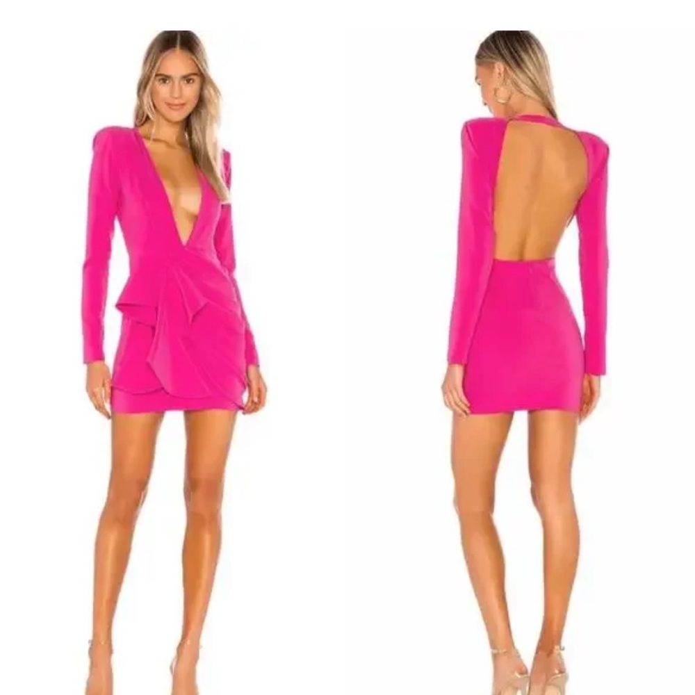 Backless Fuchsia Long-Sleeve Ruffle Mini Dress Women’s Small